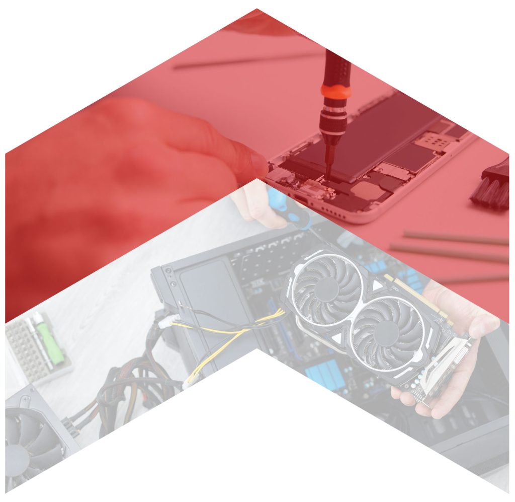 Tech repair services with a technician using a screwdriver on a smartphone and a hand holding a computer graphics card, symbolizing Bizup's expertise in phone and computer repairs.