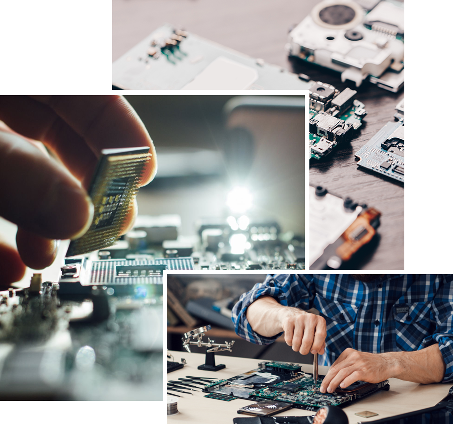 Hands repairing electronic circuit boards and components, showcasing expert tech repair services for phones and computers.