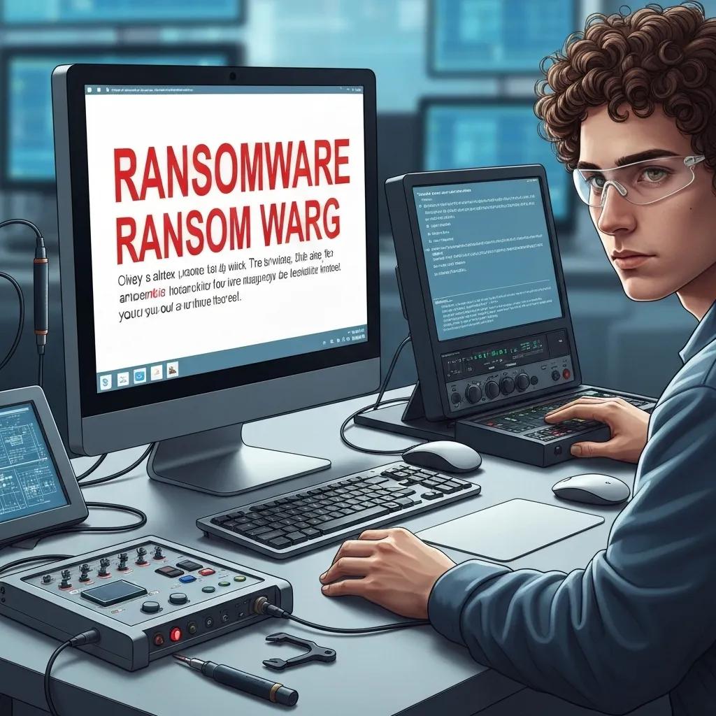 Person working at a computer with a screen displaying "RANSOMWARE" in bold red text, surrounded by cybersecurity tools, illustrating the threat of ransomware and the need for malware removal services.
