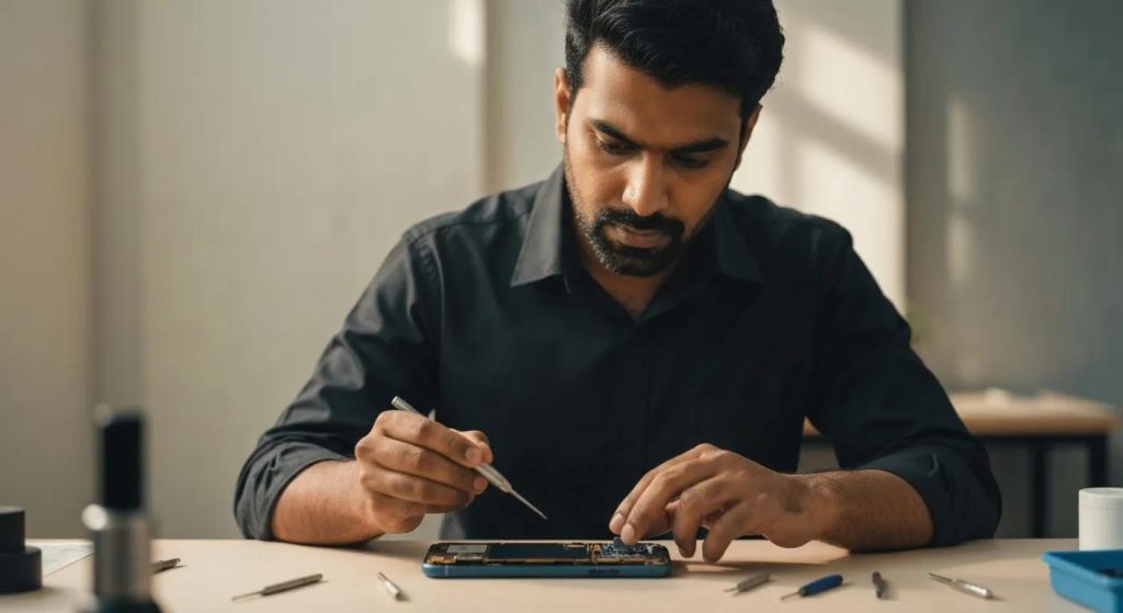 Technician repairing smartphone with tools on table, highlighting expert phone virus repair services in Griffith.