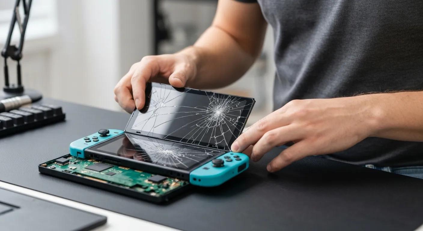 Person repairing a Nintendo Switch with a cracked screen, showcasing the internal components and the damaged display, emphasizing precision in gaming console repairs.