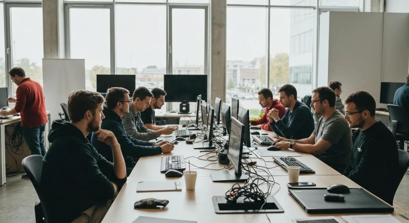 Group of technicians working at computers in a modern office setting, focusing on gaming console repairs and diagnostics, reflecting Bizup IT's reliable service in Murray Bridge.