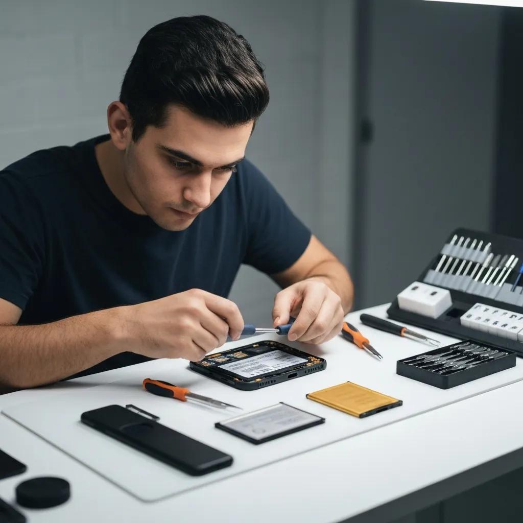 Technician repairing a smartphone with tools and components on a workbench, showcasing Bizup IT's mobile repair services in Griffith.