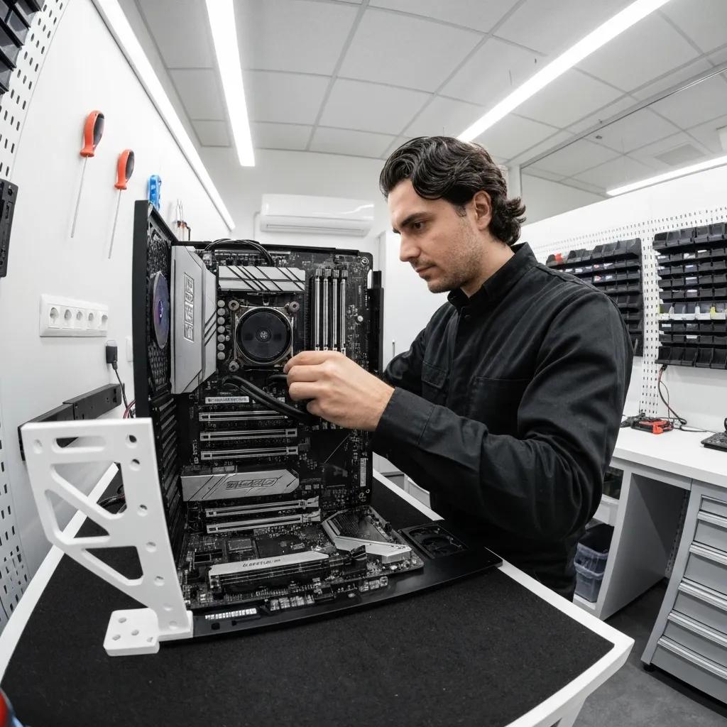 Technician repairing a computer motherboard in a modern tech workshop, emphasizing professional computer repair services for hacked systems in Griffith.