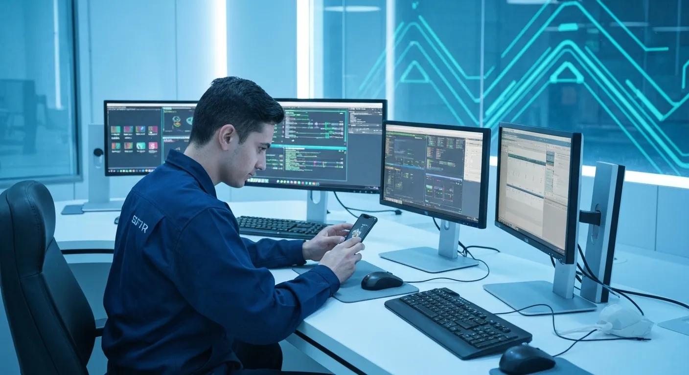 Technician analyzing smartphone in a modern tech support environment with multiple monitors displaying diagnostic software, emphasizing Bizup IT's mobile virus repair services.