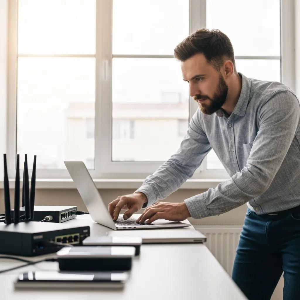 Man configuring a laptop with network equipment, including a router and multiple devices, in a well-lit office setting, illustrating Bizup IT's network setup and troubleshooting services.
