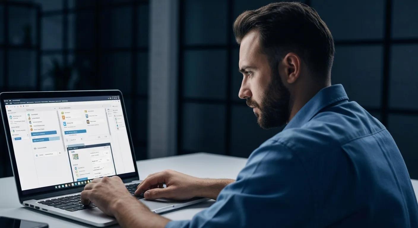 Man working on a laptop displaying data recovery software, illustrating Bizup IT's malware removal and data recovery services.