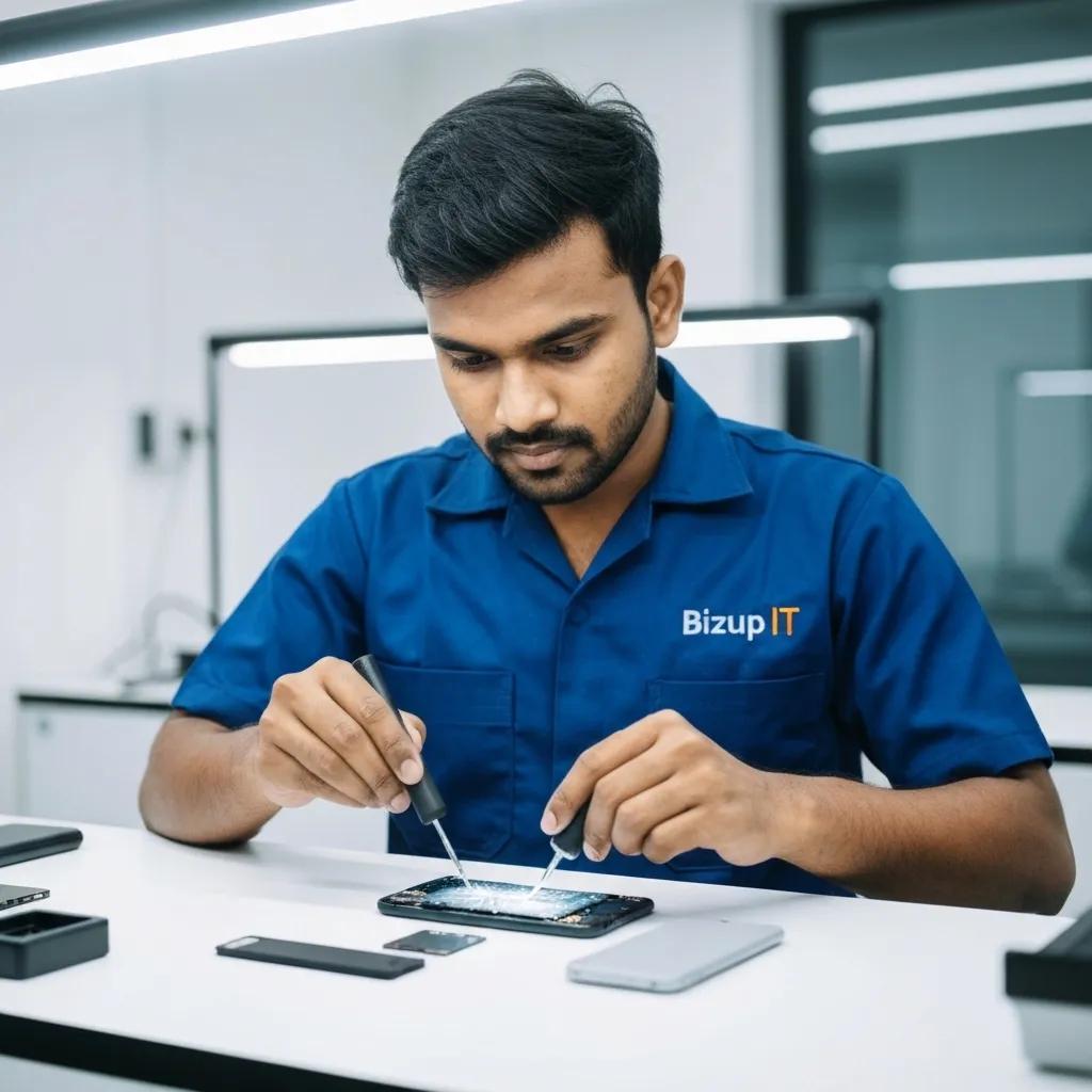 Technician in blue BizupIT shirt repairing smartphone with precision tools in a modern tech workspace.
