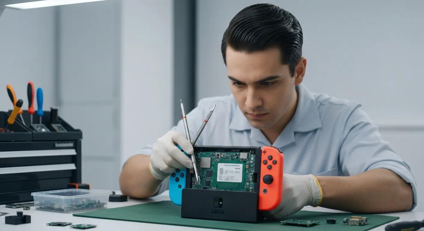 Technician repairing a Nintendo Switch console, focusing on internal components with precision tools, in a professional repair environment.