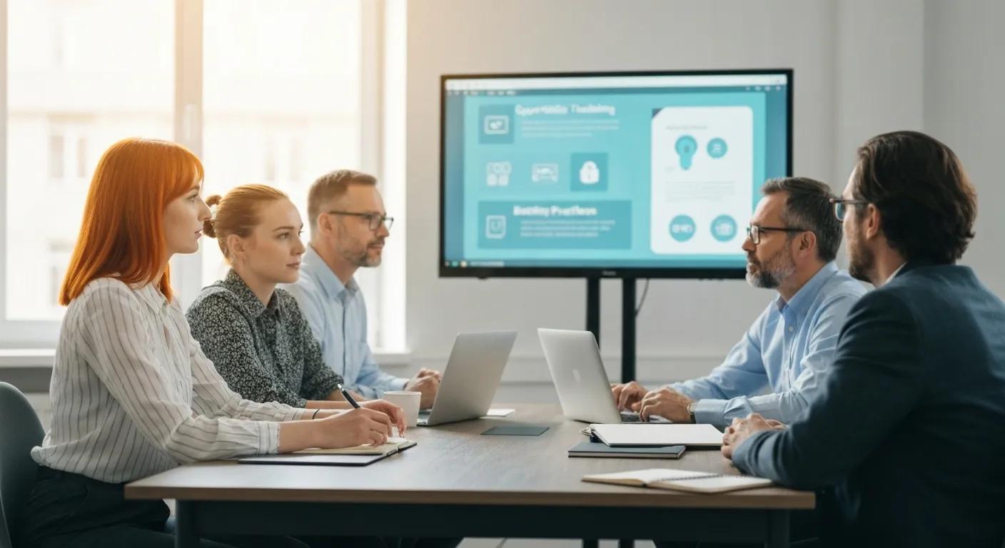Business meeting with four professionals discussing cybersecurity strategies, laptops on the table, and a presentation screen displaying security practices and training information.