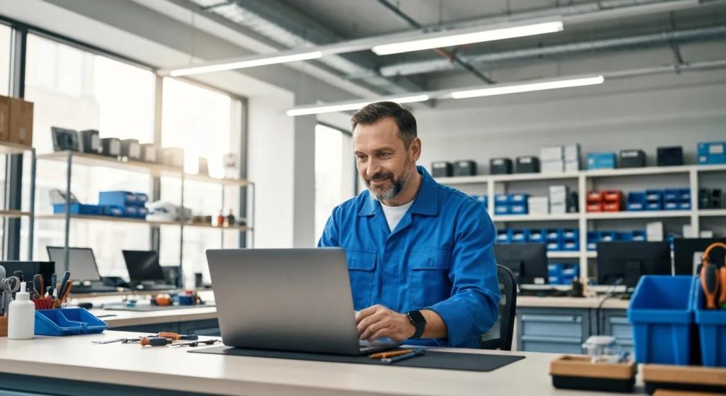 Technician in blue work uniform using laptop in a tech repair shop, surrounded by tools and equipment, illustrating expert computer repair services in Griffith.