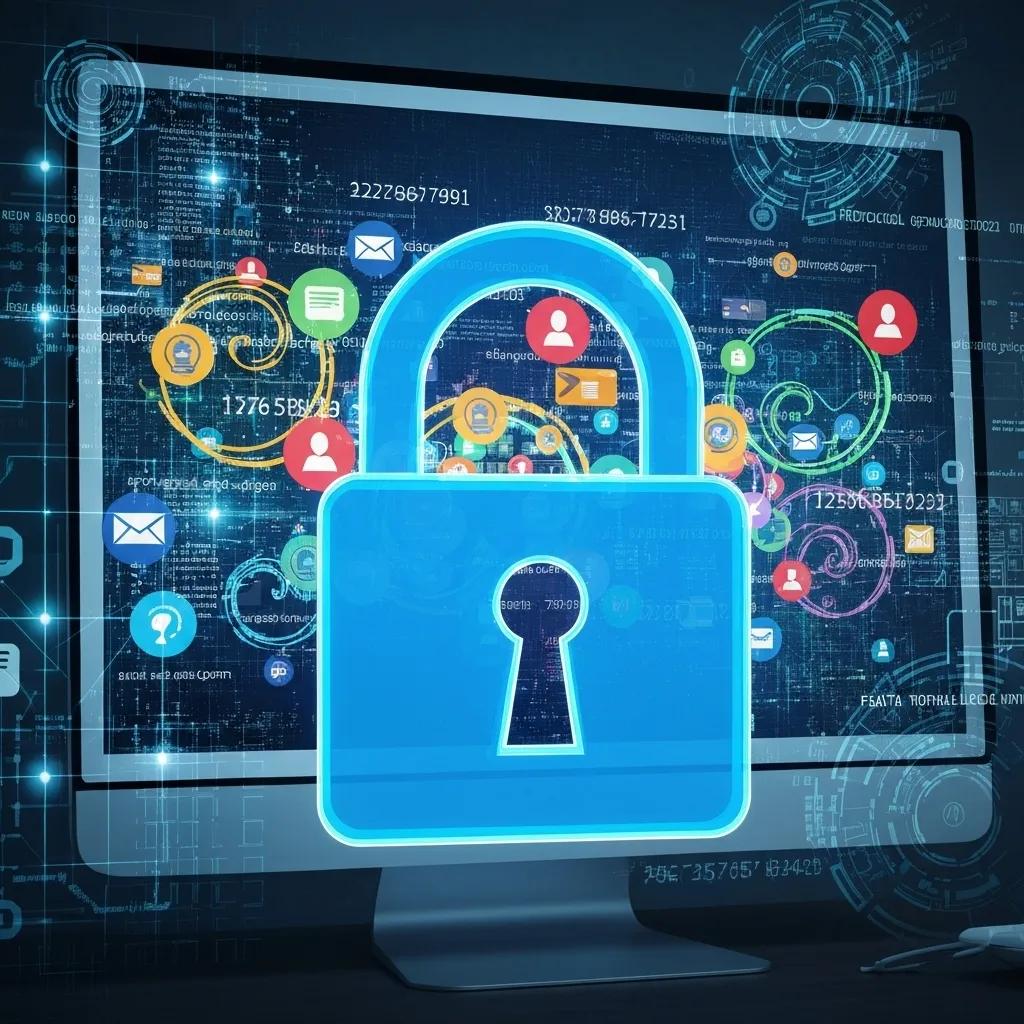 Digital security concept featuring a large blue padlock symbol in front of a computer screen displaying various social media icons and data patterns, representing cybersecurity measures and protection against ransomware and data breaches.