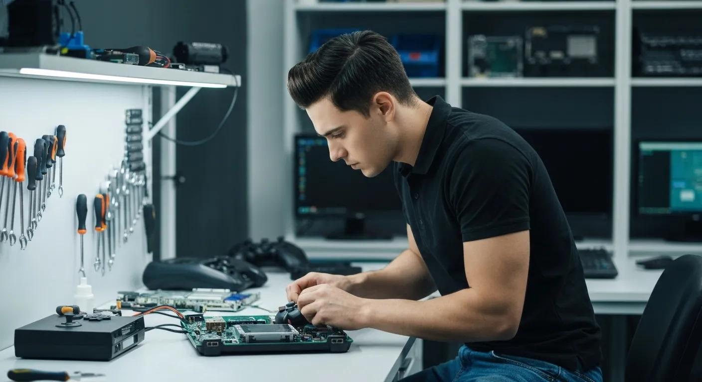 Technician repairing a gaming console on a workbench, with tools and equipment in a gaming repair workshop in Murray Bridge.