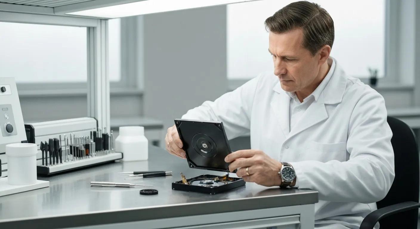 Technician in a lab coat examining a hard drive, representing professional data recovery and repair services.