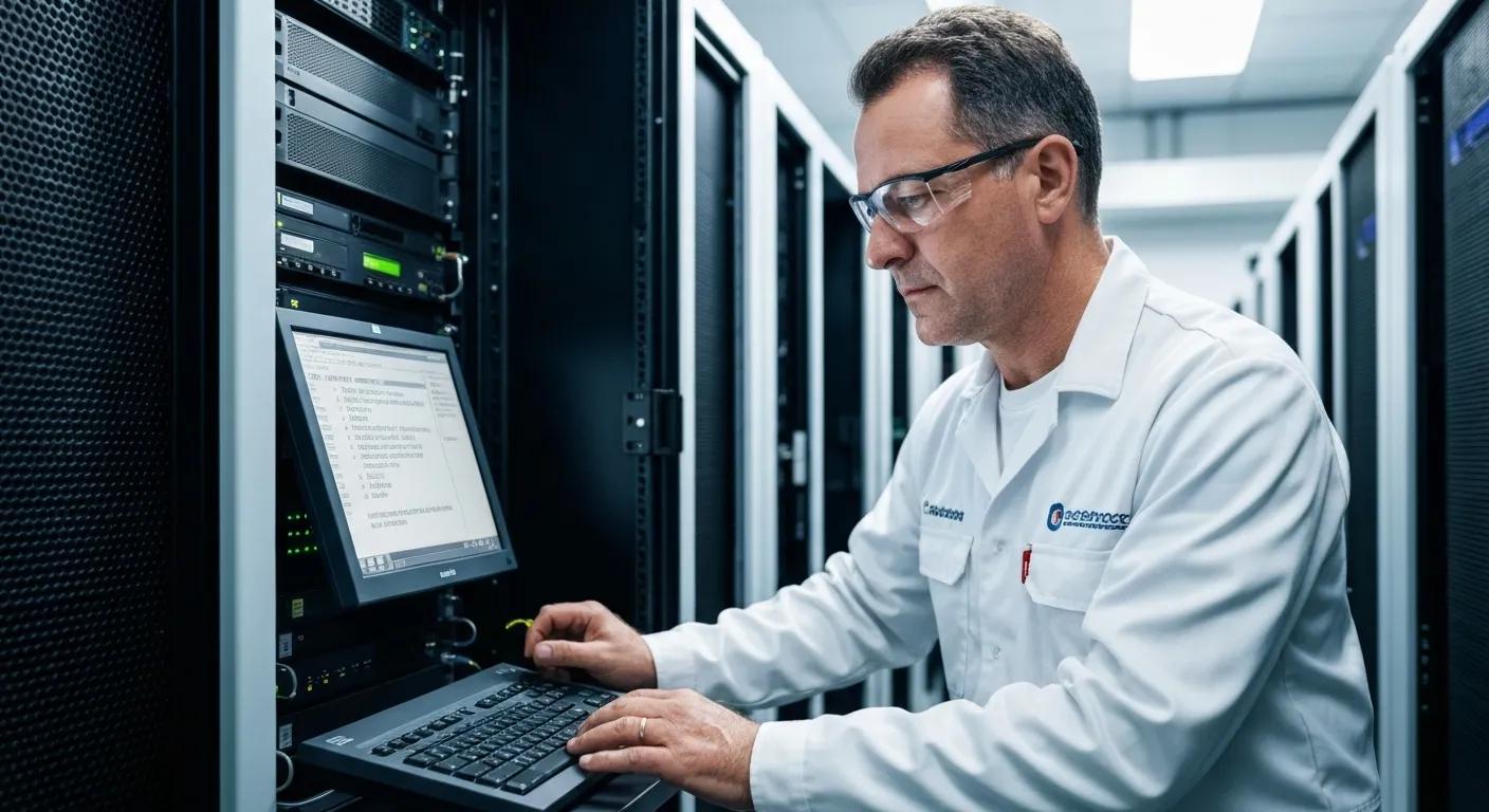 Technician in a white lab coat working on a computer in a server room, focusing on malware removal and system integrity restoration.