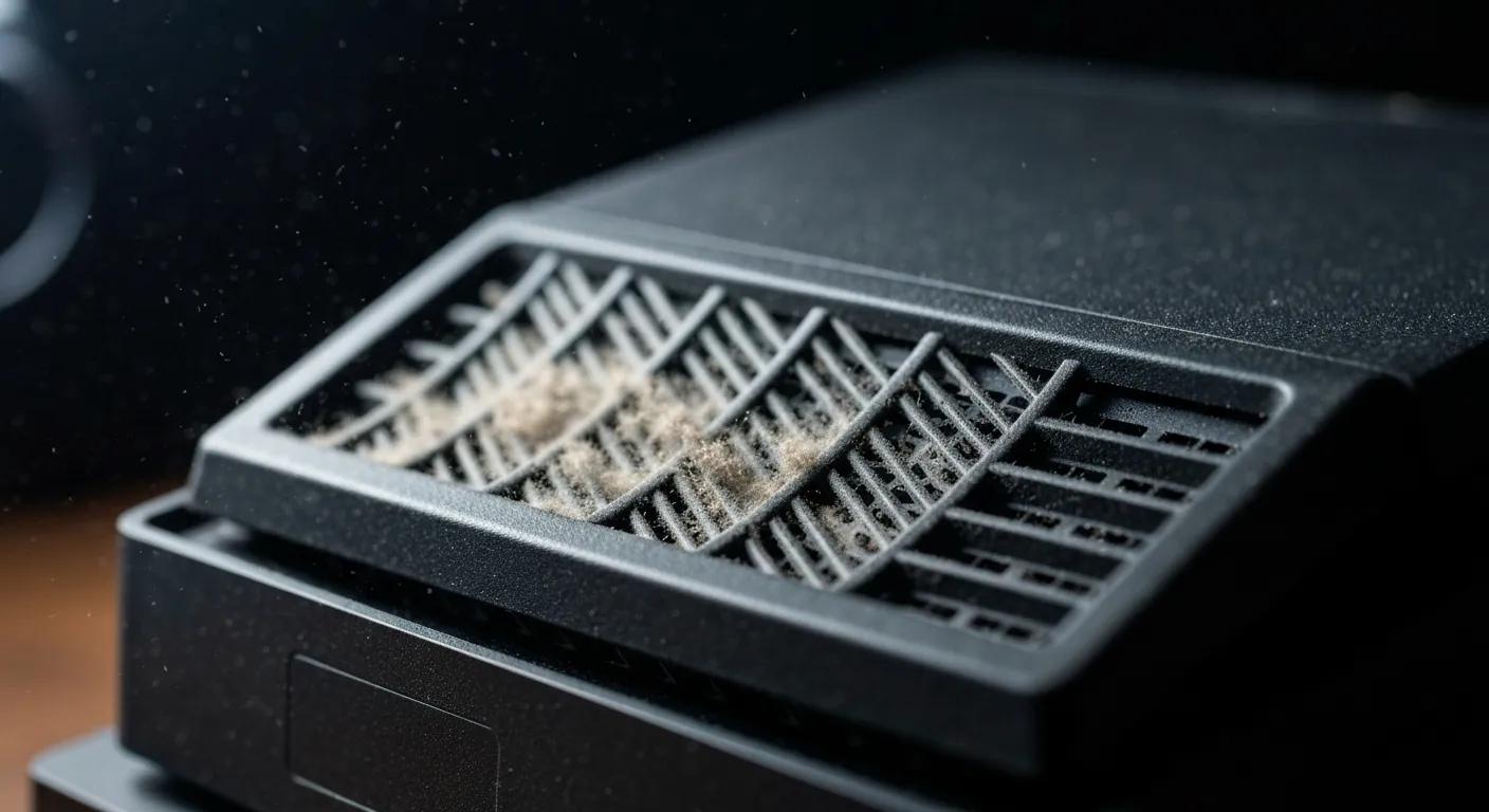Dusty gaming console cooling vent, indicating potential overheating issues, relevant to console maintenance and repair services.
