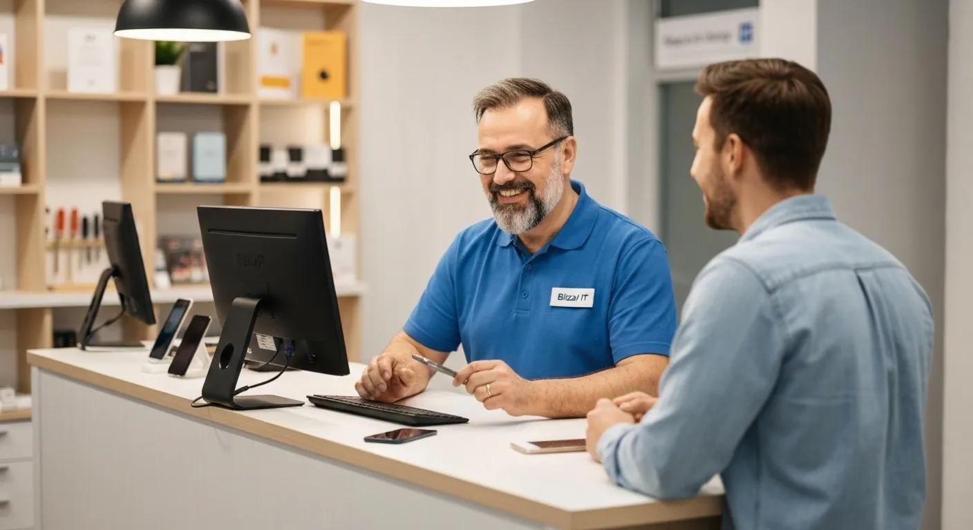 Customer service interaction at Bizup IT, phone repair shop in Griffith, technician assisting customer, modern workspace, focus on mobile device repairs.