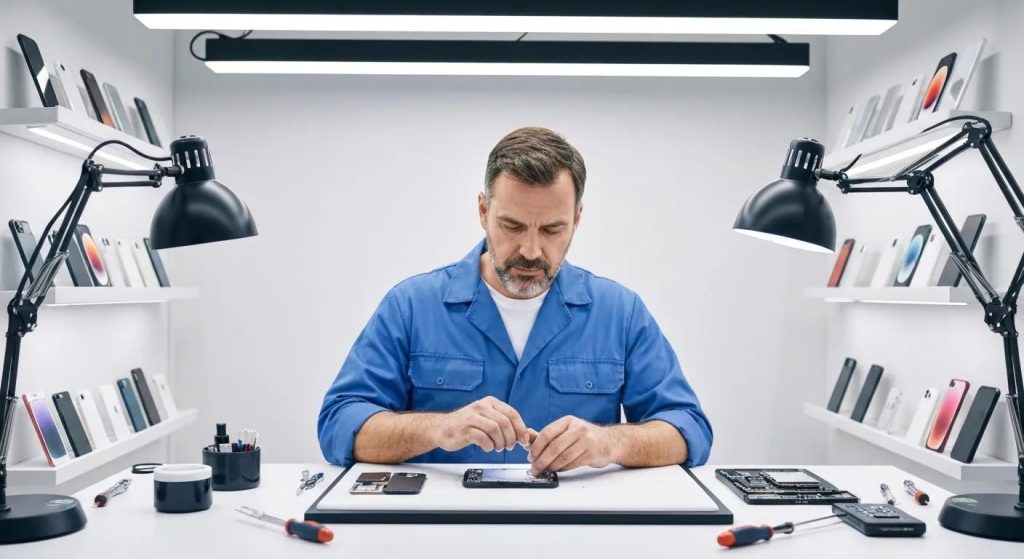 Technician repairing smartphone on workbench with tools and devices in background, illustrating expert phone repair services in Griffith.