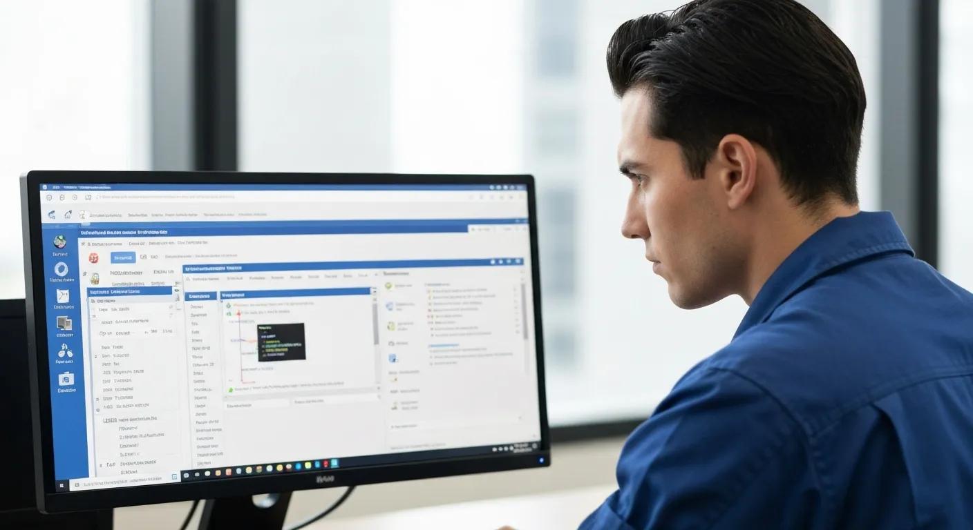 Professional technician working on computer diagnostics and software solutions on a monitor, emphasizing IT repair services for hacked systems.