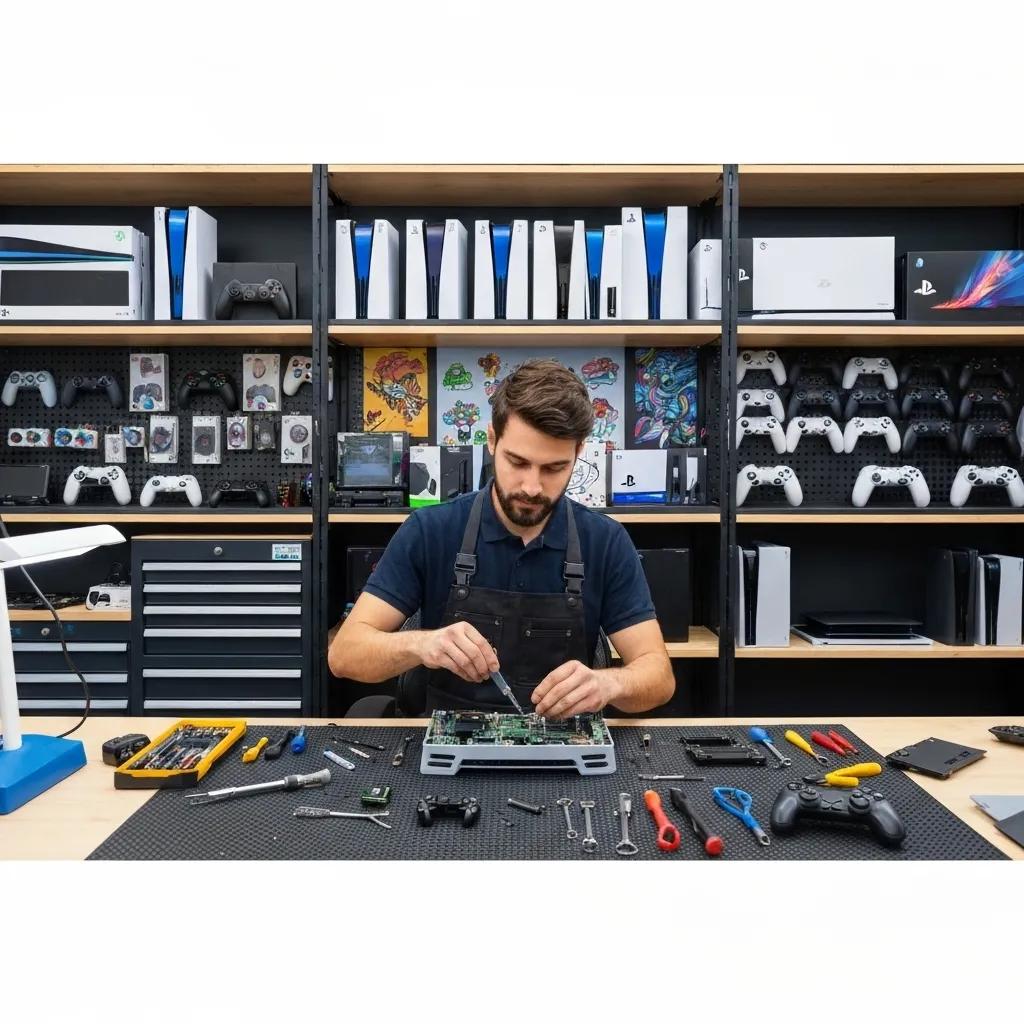 Technician repairing gaming console with tools on workbench in Griffith, showcasing expert gaming console repair services.