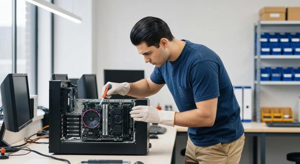 Technician repairing a computer motherboard in a modern workspace, highlighting expertise in computer repairs and technical services.