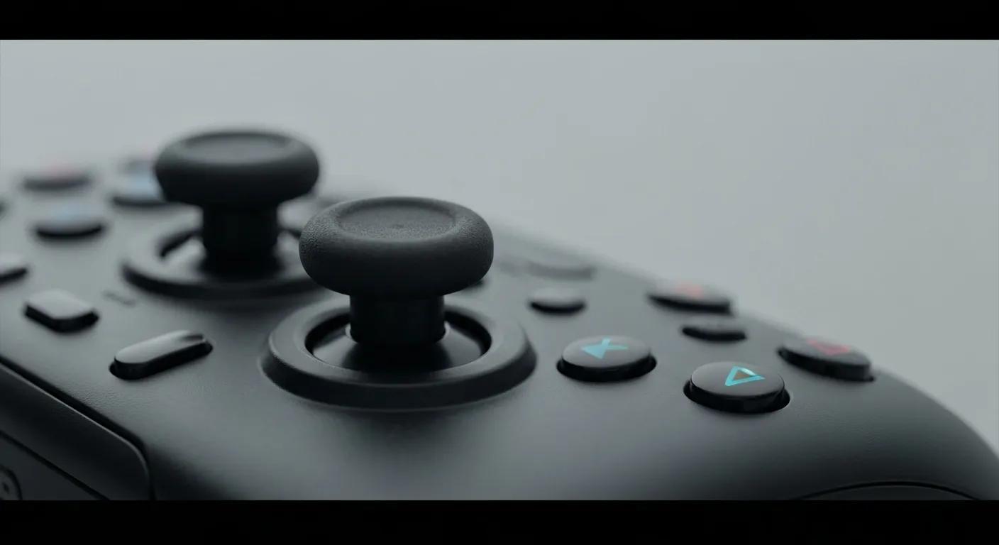 Close-up of a gaming controller with dual analog sticks and action buttons, illustrating potential issues like controller drift and the importance of maintenance in gaming consoles.