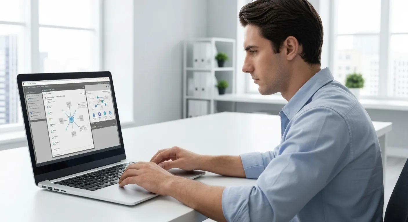 Man working on a laptop displaying software for virus and malware removal in a modern office setting, emphasizing IT support in Griffith.