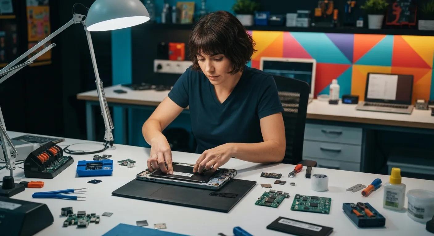 Woman repairing a laptop in a well-equipped workspace, surrounded by computer parts and tools, illustrating expert computer repair services in Griffith by Bizup Solutions.