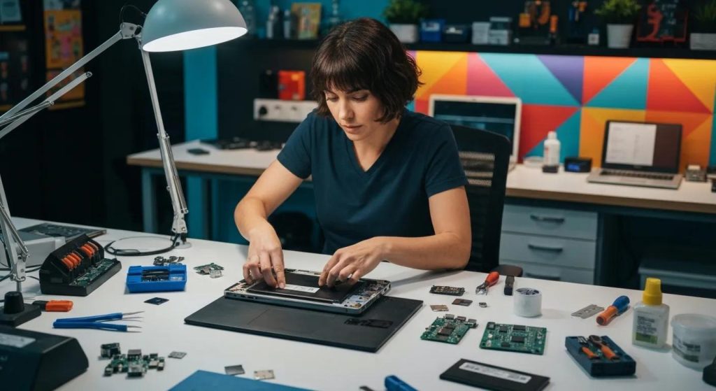 Technician repairing a laptop with tools and electronic components on a workbench, illustrating expert computer repair services relevant to BizUp's offerings in South Broken Hill.