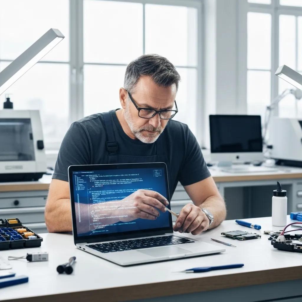 Technician repairing a laptop displaying code, surrounded by computer repair tools in a well-lit workspace, representing Bizup IT's hacked computer repair services in Port Augusta.