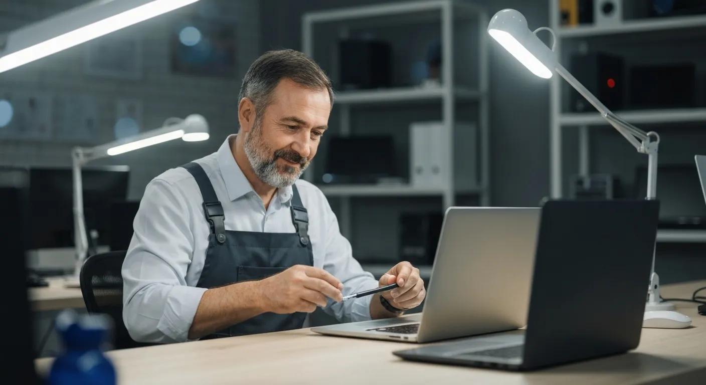 Technician in work apron examining laptop in computer repair shop, emphasizing fast and reliable service in Murray Bridge.