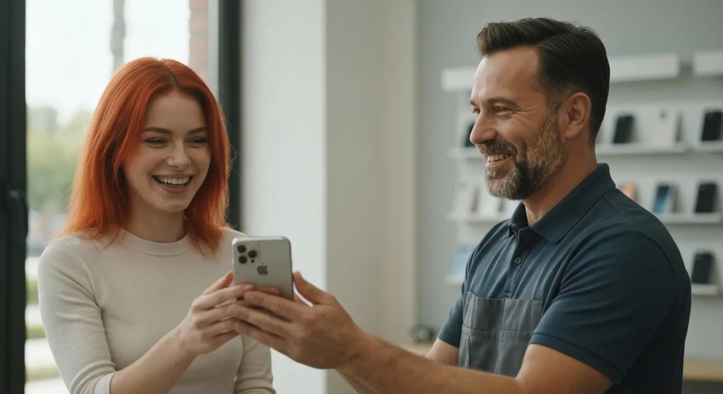 Smiling woman and technician reviewing smartphone repair results in a modern mobile phone repair shop.