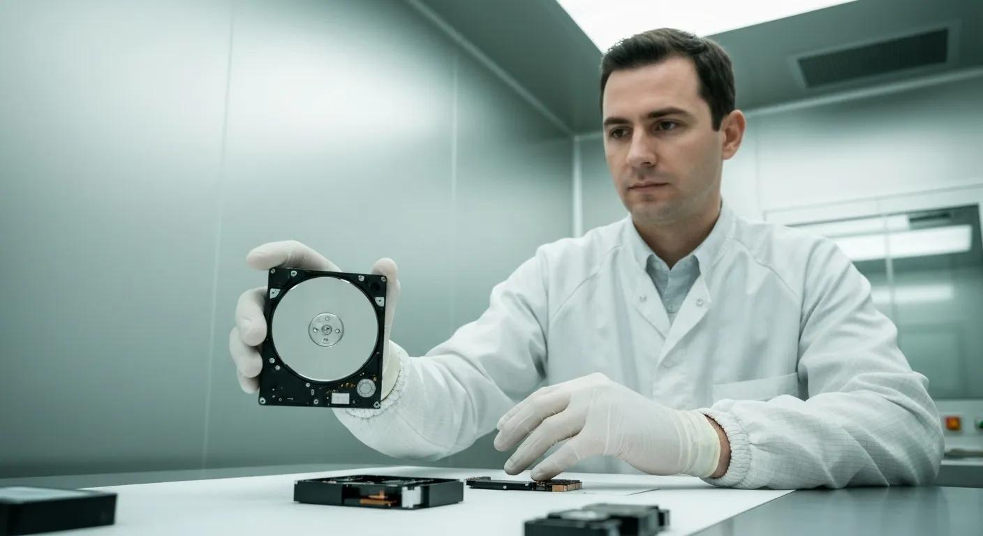 Technician in a cleanroom examining a hard drive for data recovery services, surrounded by disassembled components.
