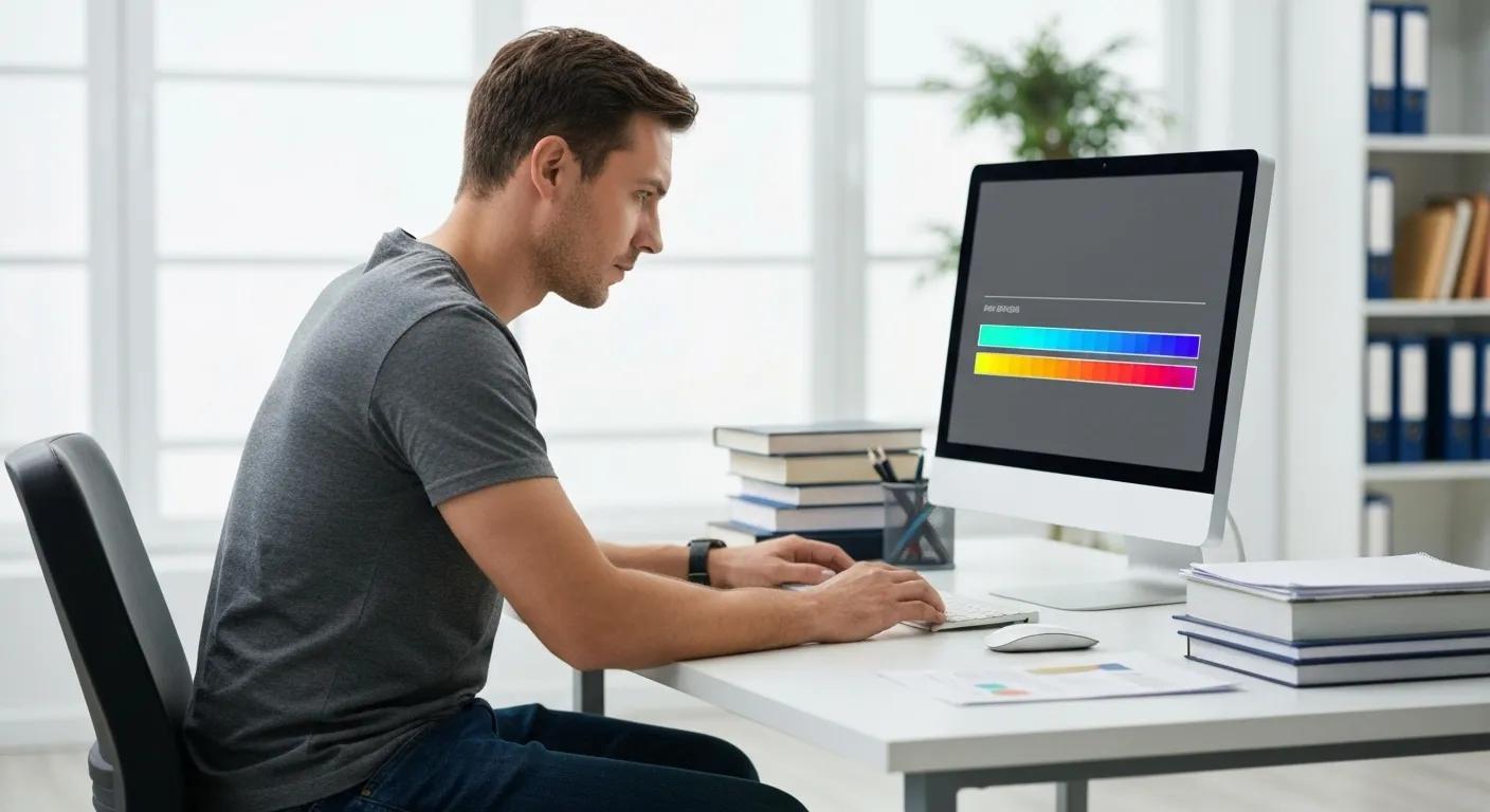 Man sitting at a desk using a computer, with colour adjustment interface displayed on the screen, surrounded by books and office supplies, illustrating computer usage in a professional setting.