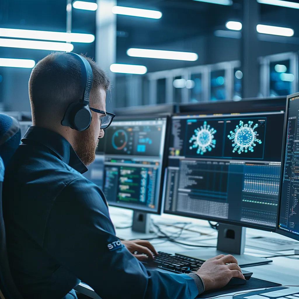 IT technician wearing headphones working at multiple monitors displaying virus and malware analysis, emphasizing cybersecurity solutions for virus and malware removal in Port Augusta.