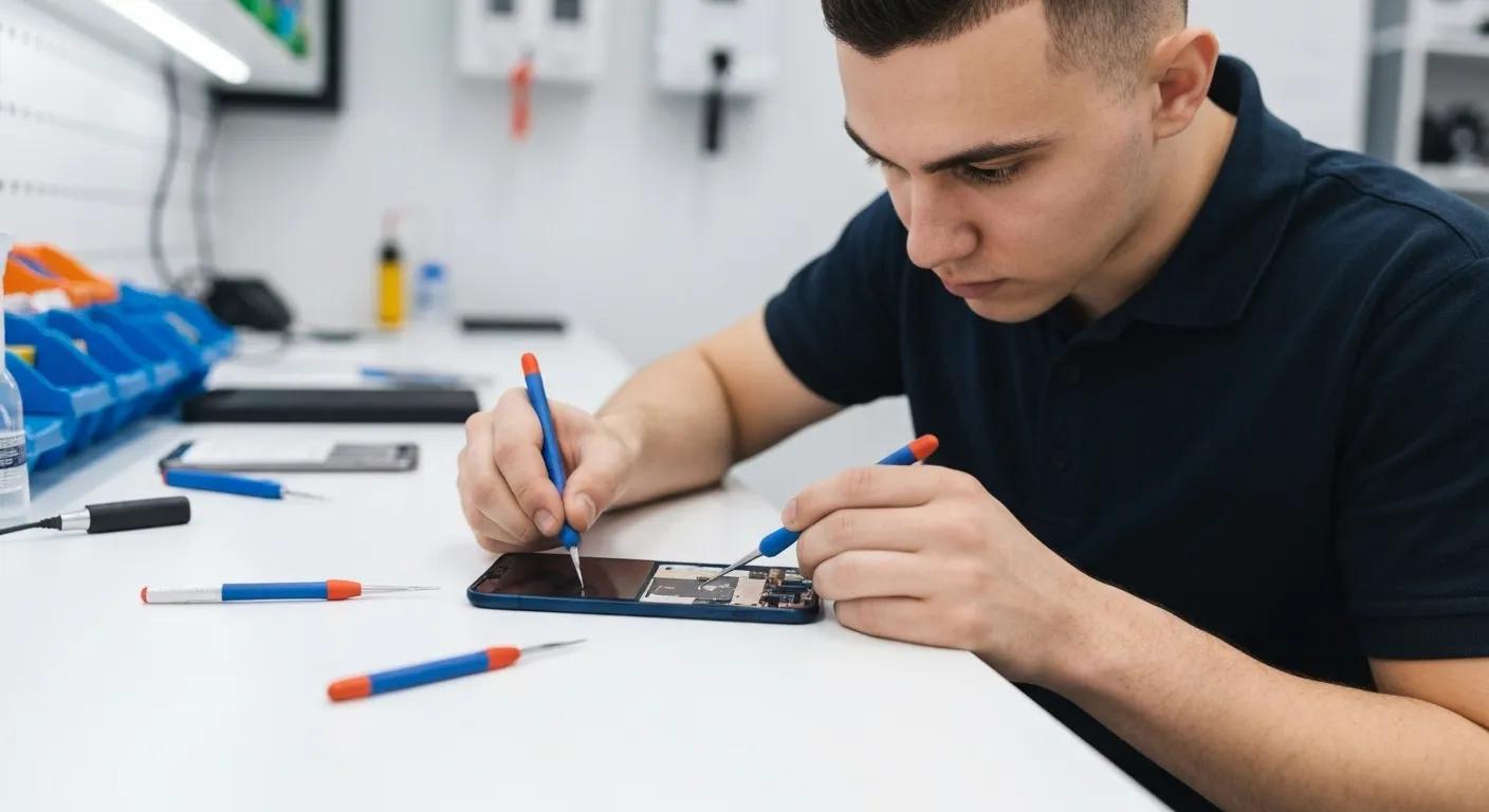 Technician repairing smartphone with precision tools on a workbench, showcasing mobile phone repair expertise at Bizup IT in Griffith.