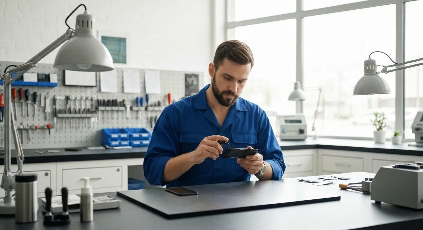 Technician in blue work uniform examining smartphone in mobile repair workshop with tools and equipment in background, representing Bizup IT's phone repair services in Griffith.