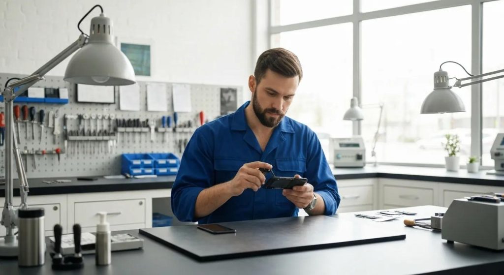 Technician repairing a smartphone in a well-equipped computer repair workshop, highlighting expert services for electronic device issues in South Broken Hill.