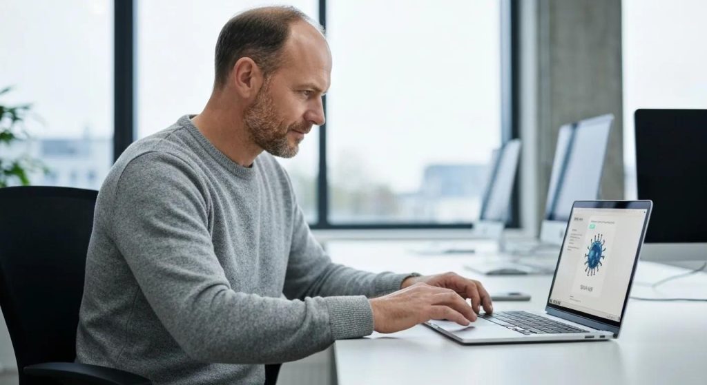 Man working on a laptop displaying a virus scan, emphasizing computer repair and virus cleaning services in Murray Bridge.