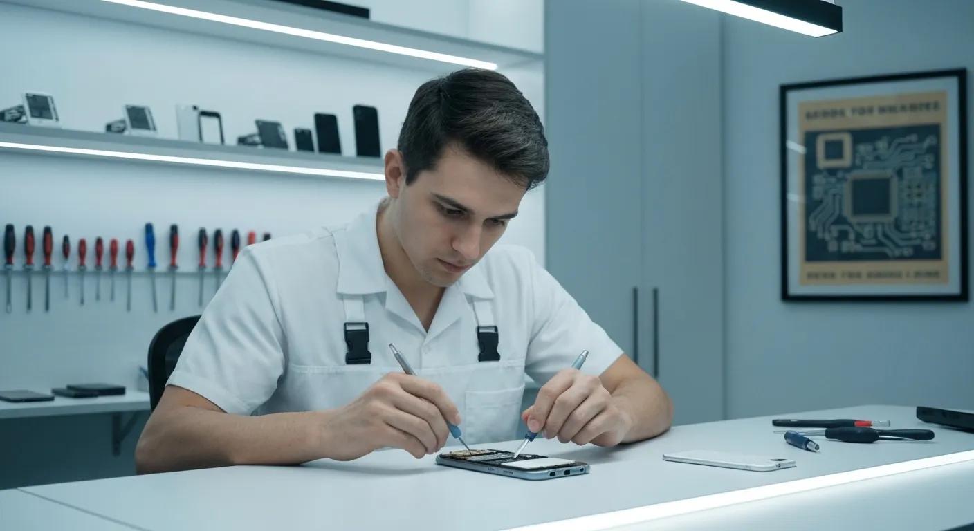 Technician repairing a smartphone on a workbench, surrounded by tools and devices, illustrating Bizup's fast and reliable phone repair services in Broken Hill.