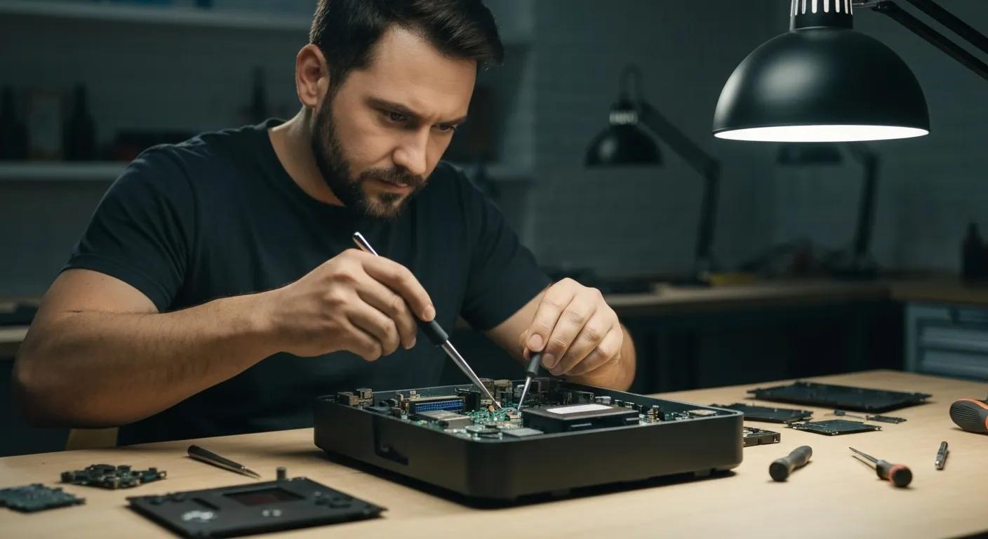 Technician repairing a gaming console with tools on a workbench, illustrating expert gaming console repair services in South Broken Hill.