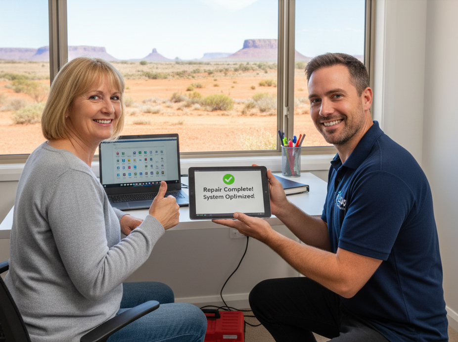 Woman smiling and giving a thumbs-up with a technician holding a tablet displaying "Repair Complete! System Optimized" in a home office setting, with a laptop and desert landscape visible outside the window, illustrating expert computer repair services.