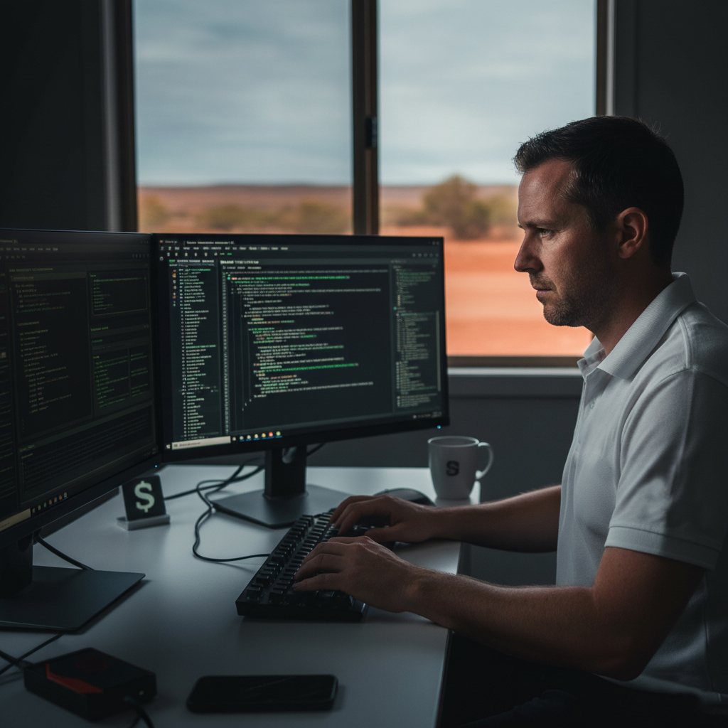 Man coding on dual monitors displaying programming code, with a coffee mug and smartphone on the desk, in a workspace highlighting digital solutions and web development.