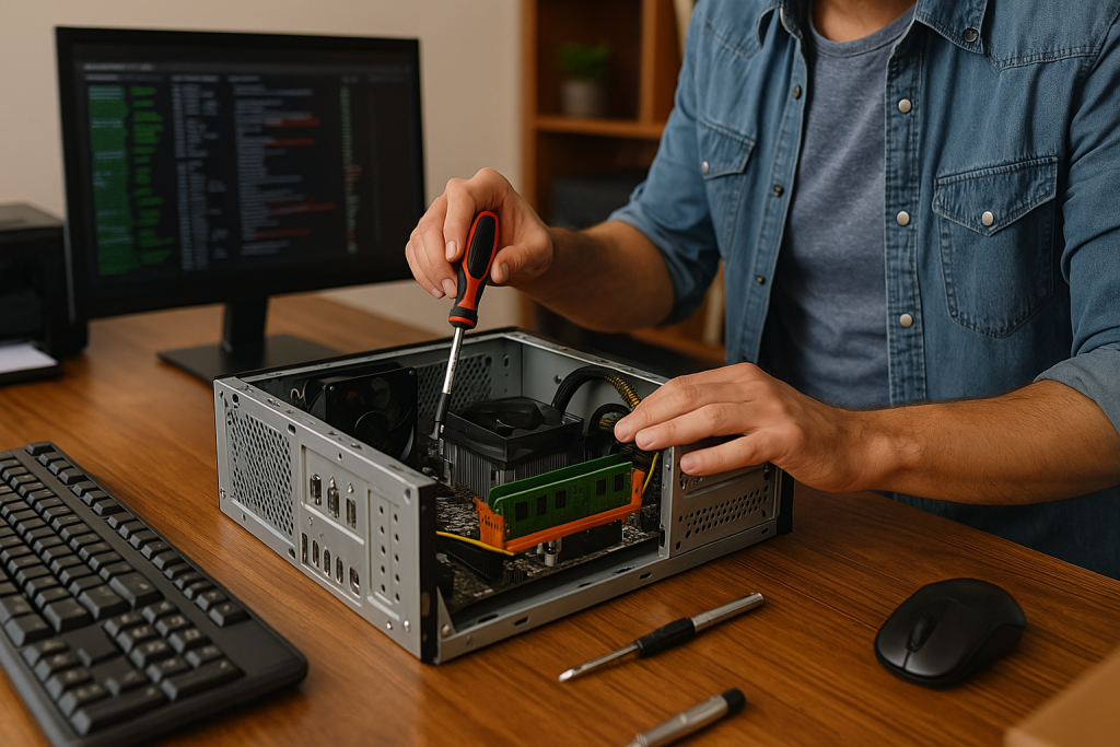 Person repairing a computer with a screwdriver, focusing on internal components, with a monitor displaying code in the background, representing computer repair services by Bizup in Port Augusta.