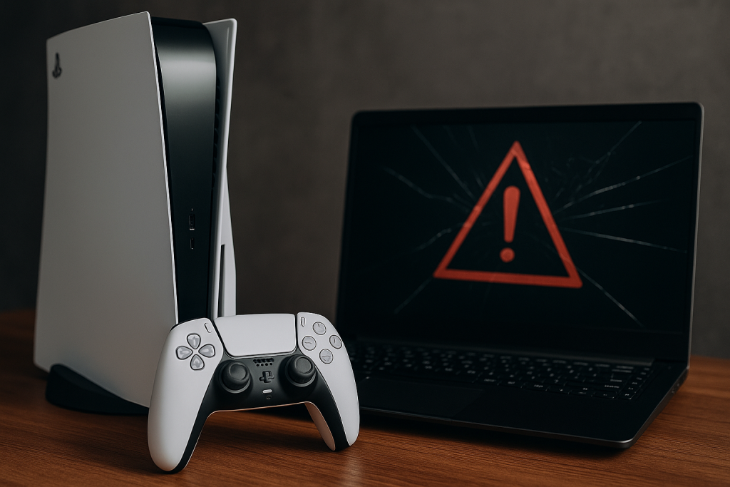 Gaming console and controller with warning symbol on laptop screen, representing gaming console repairs and technical support in Griffith by Bizup.