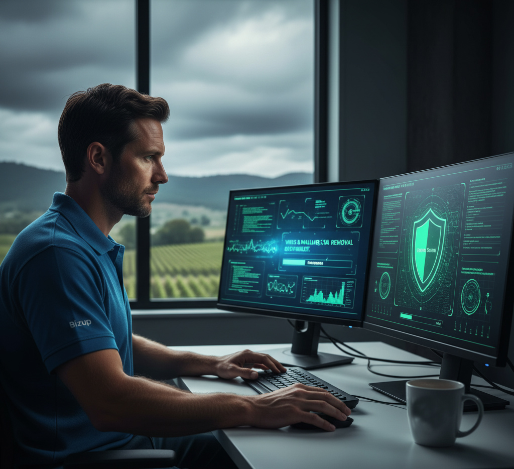 Man working on dual monitors displaying virus removal software and analytics, in a modern office setting with a view of green hills, reflecting digital solutions and tech support in Griffith.