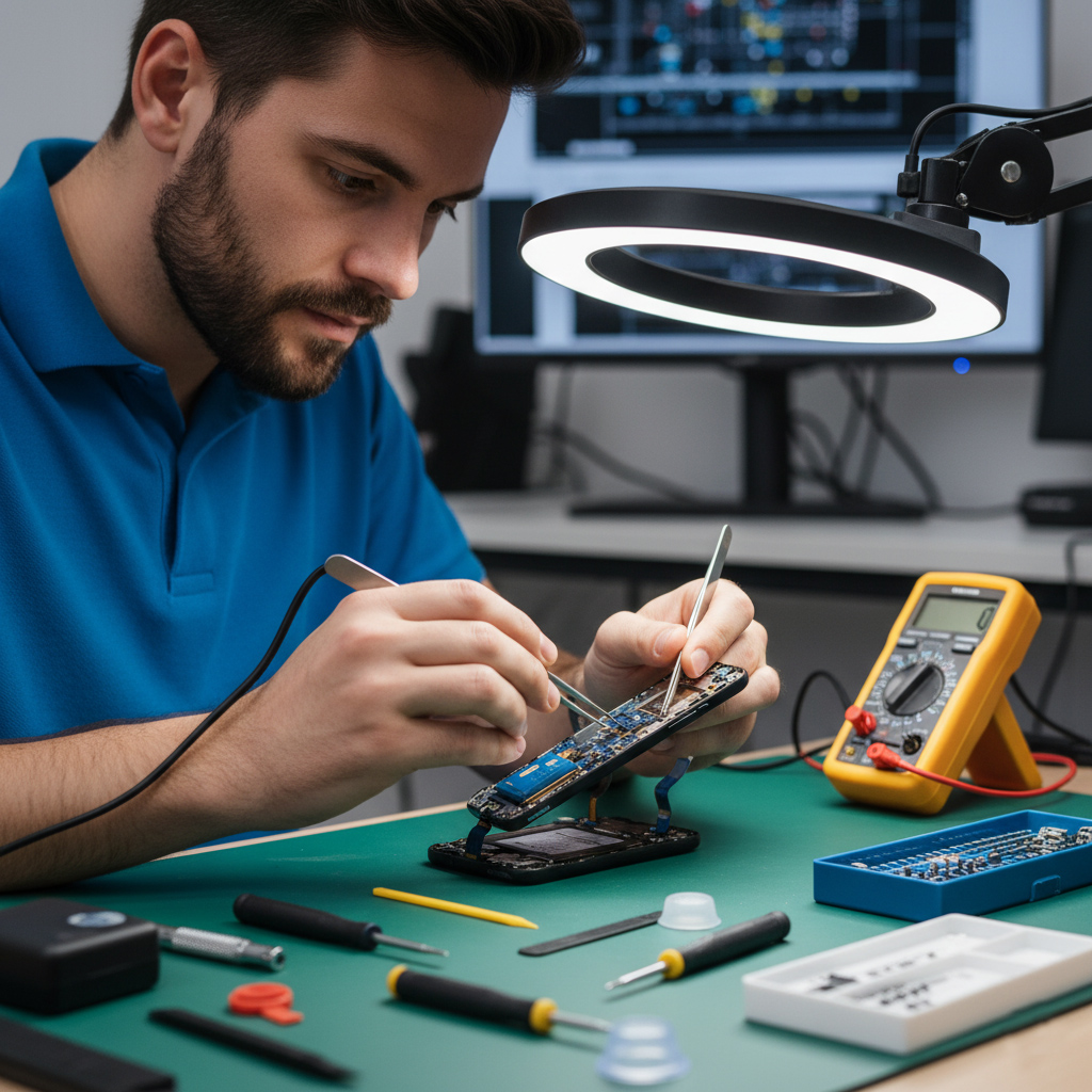 Technician repairing smartphone circuit board with tools on green workbench, illustrating quality phone repairs in Griffith.