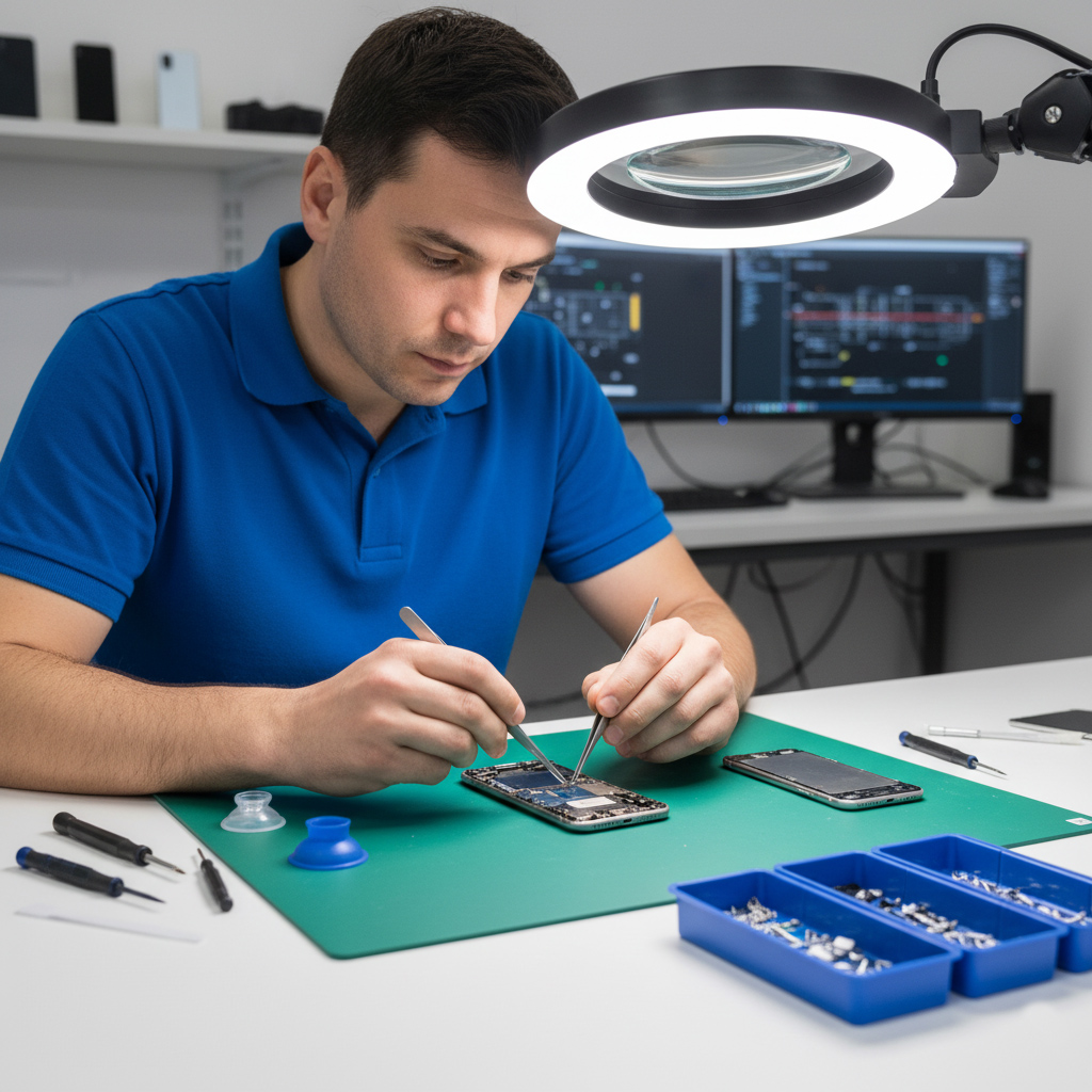 Technician repairing smartphone under magnifying lamp with tools and components on workbench, highlighting iPhone repair services in Griffith.