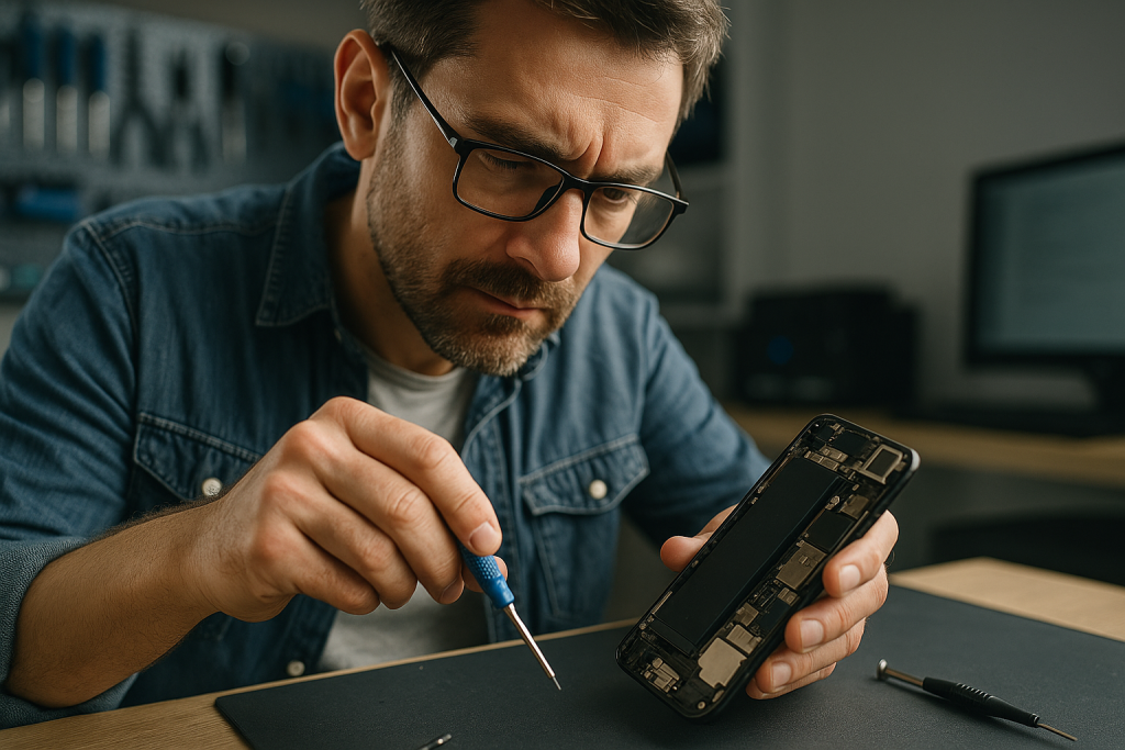 Technician repairing a smartphone with a screwdriver, demonstrating expert phone repair services at Bizup.