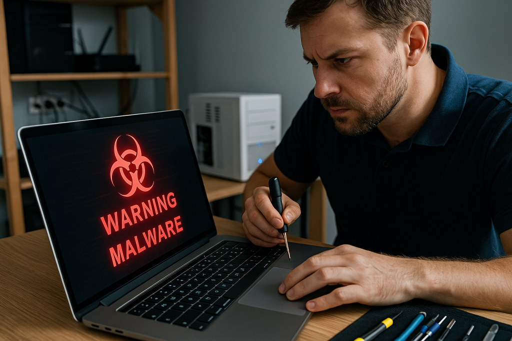 Man focused on laptop screen displaying "WARNING MALWARE" alert, emphasizing virus and malware removal services offered by Bizup in Griffith.